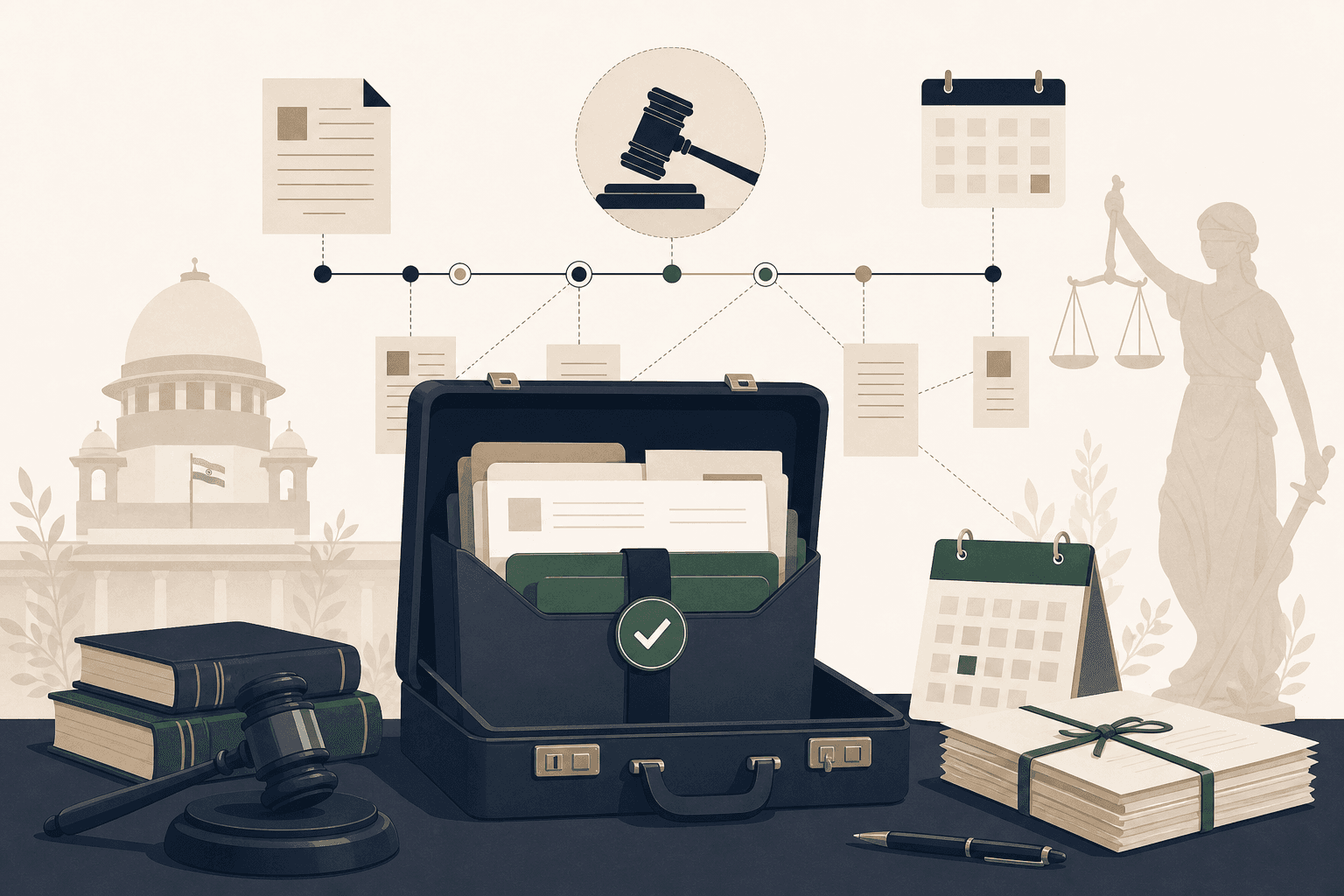 Illustration of bundled case documents prepared for a court hearing